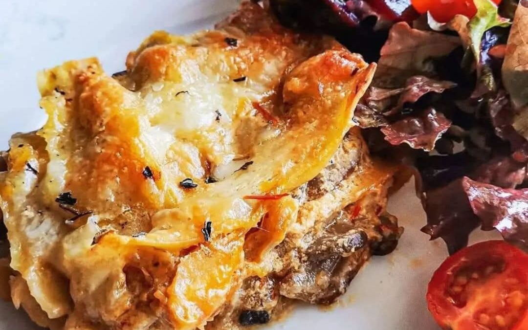 Lasanha de bacalhau e cogumelos